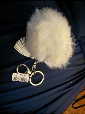 White Faux Fur Pom Pom Keychain with Tassel Accent